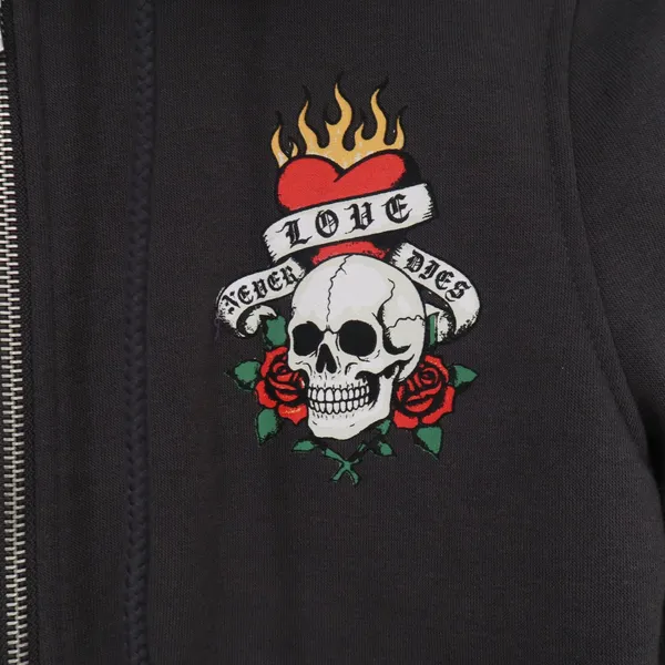 LA Glow Hoodie Womens M Skull Love Never Dies Charcoal Grey Zip Up Excellent - Image 2