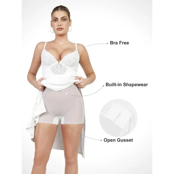Popilush Built-In Shapewear Slip Dress Women XXL Ivory NEW Lace Trim‎ Maxi Slit - Image 4