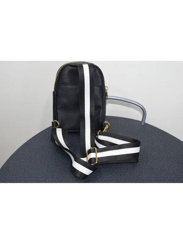 Nanette Lepore Black Pebbled Sling Crossbody Bag Striped Adjustable Strap - Image 7