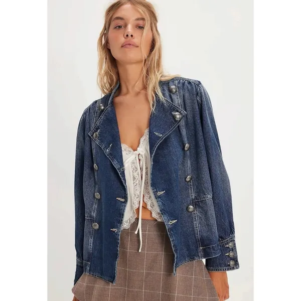 Free People Imogene Denim Officer Jacket in Ensign Wash Large Military Denim - Image 4
