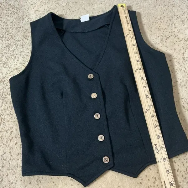 VTG Black Button Front Vest V-Neck Pointed Hem Dark‎ Academia Waistcoat 12 21717 - Image 2