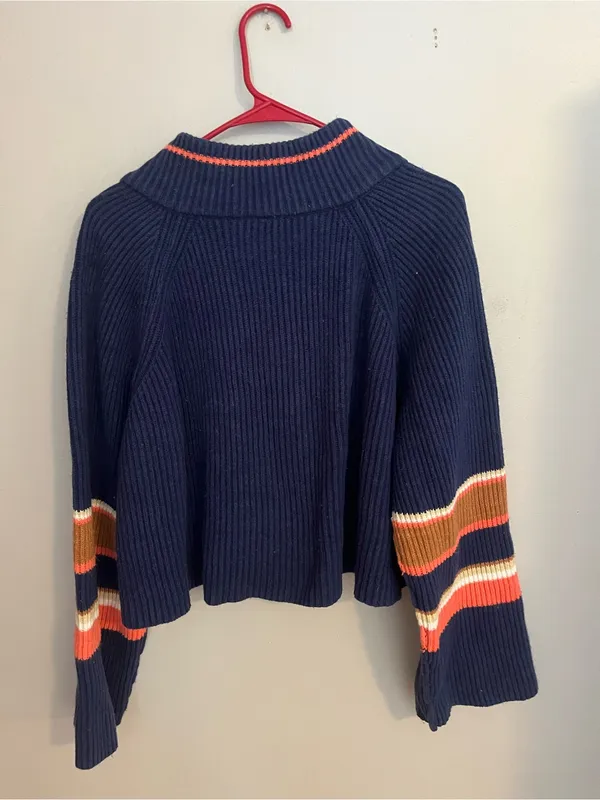 Free People Cropped Navy Stripe Half-Zip Turtleneck Sweater - Image 3