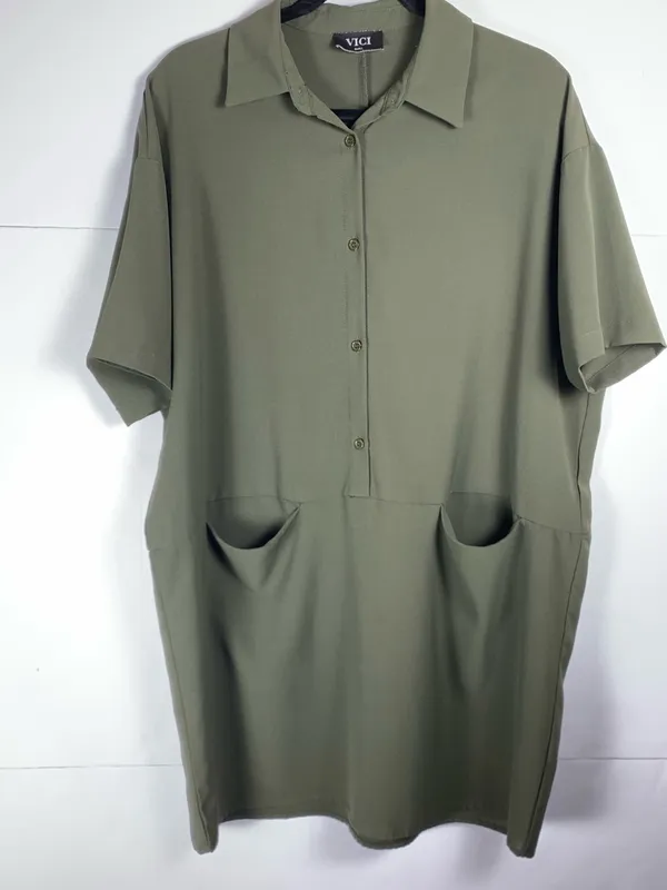 VICI Shirt Dress Small Olive Green Utility Button Front Pockets Casual - Image 2