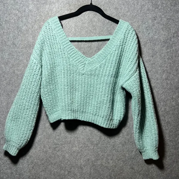 Forever 21 Mint Green V-Neck Cropped‎ Chunky Knit Sweater Small - Image 4