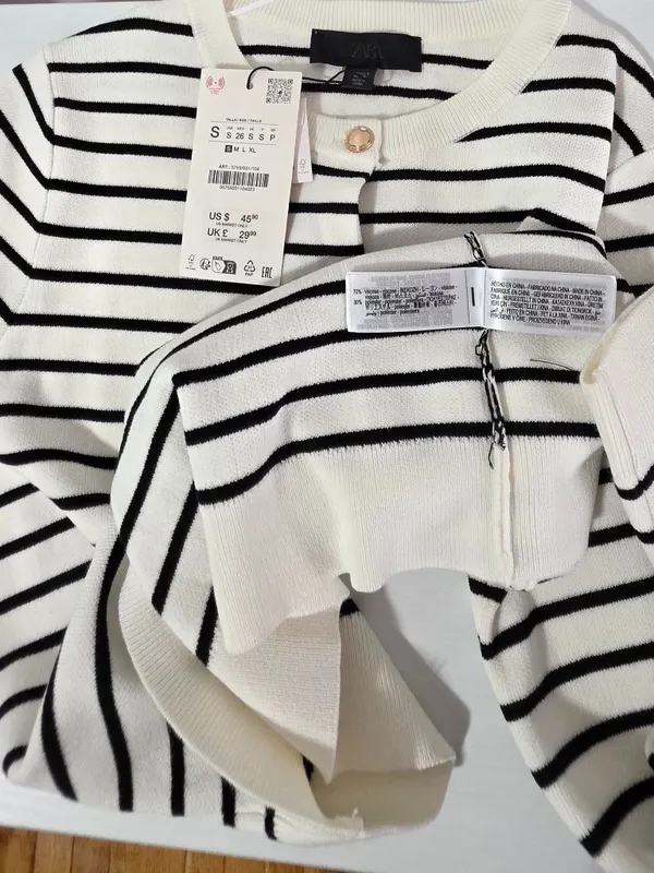 Zara Striped Knit Cardigan Long Sleeve - White/Black - Size S - 5755 - Image 8