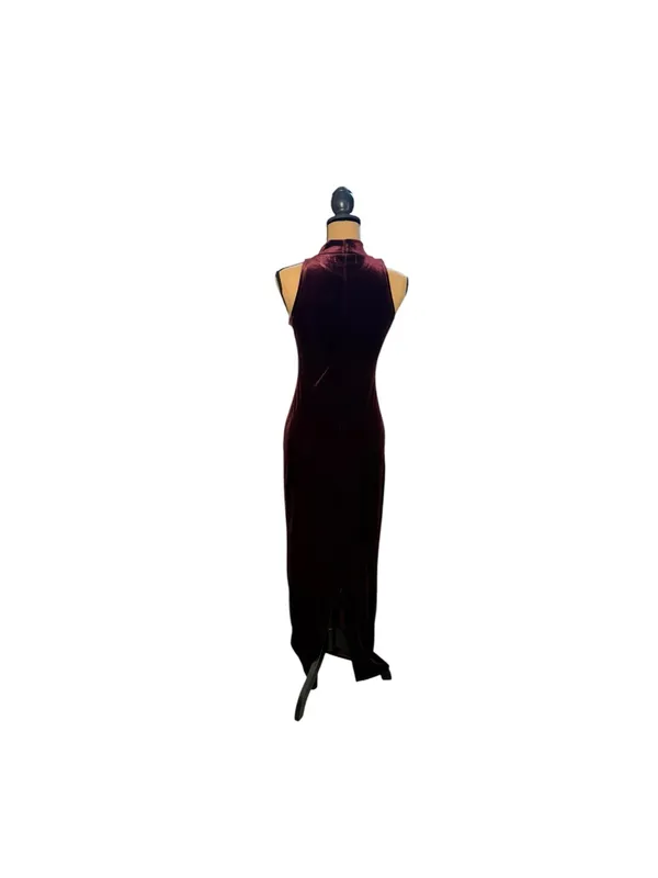 MINKPINK Women M Burgundy Velvet Maxi Dress Mock Neck Whimsigoth Gothic Slit - Image 3