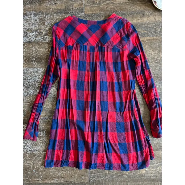 Gap‎ Womens Red Navy Buffalo Plaid Henley Tunic Top Long Sleeve Cotton Blend M - Image 5