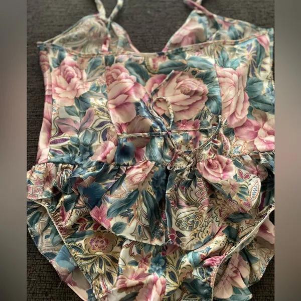 Vintage Victorias Secret Floral Satin Ruffle Teddy Bodysuit Sz Medium‎ - Image 2