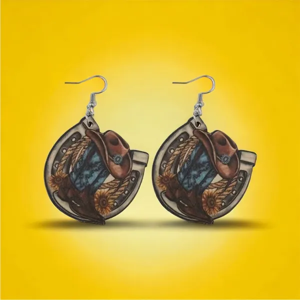 Western style wooden with‎ sunflower shape pattern drop hook earrings Brown - Image 2