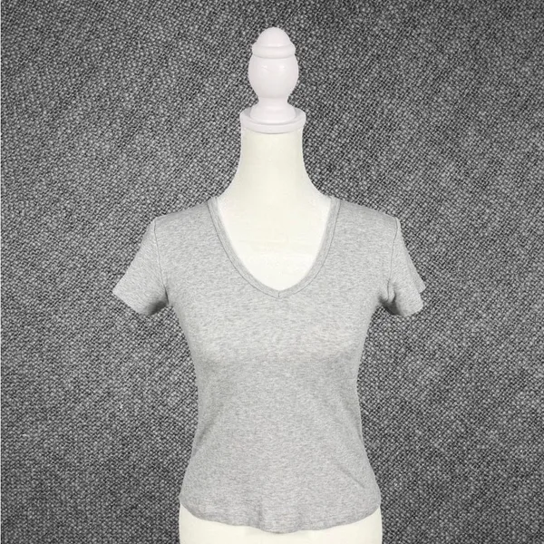 Light Gray Cotton V-Neck T-Shirt - Image 2