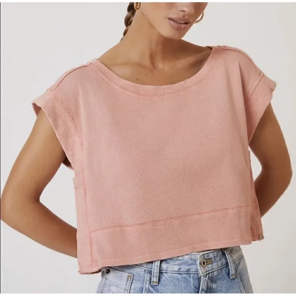 Anthropologie Pilcro Cropped Cut Off Short Sleeve Sweatshirt Pink Coral Medium - Image 3