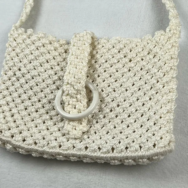 Macrame Shoulder Bag Women Medium‎ Cream Excellent Boho Ring Closure - Image 2