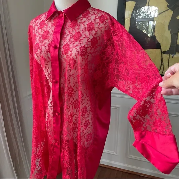 Vintage Gold Label Victoria’s Secret Red Lace Satin Night Shirt Pajamas S - Image 3
