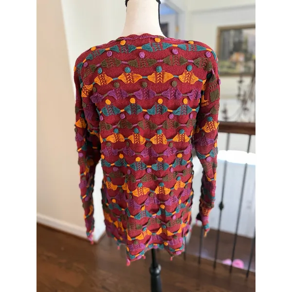 Vintage Burgundy Orange Teal Purple Embroidered Polka Dot Dangle Sweater - Image 2