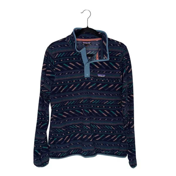 Patagonia Snap-T Synchilla Fleece Women Large Navy Geometric‎ Aztec Excellent - Image 2