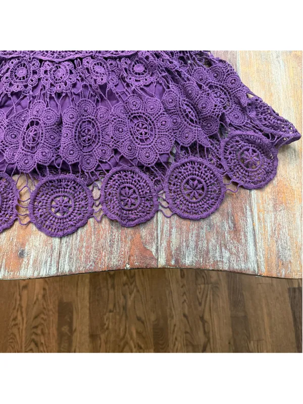 Free People Purple Crochet Lace Mini Dress Double Tie Back Tassel Bell Sleeve Sm - Image 6
