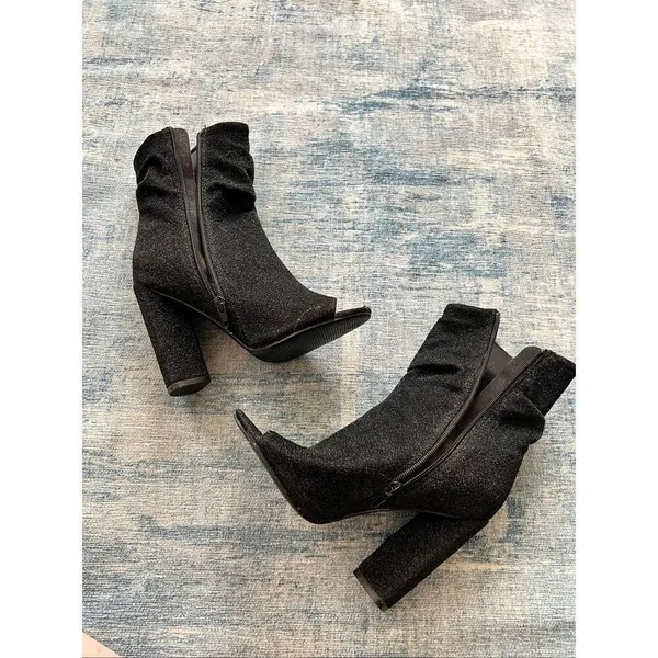 Qupid Black Sparkle Fabric Peep Toe Side Zip Block Heel Boots Size 6 - Image 7