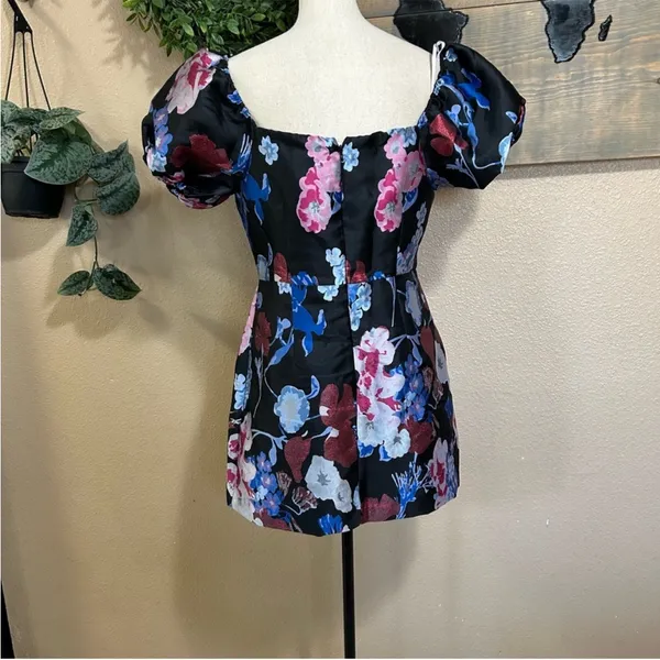 Lulus So Stunning Black Multi Floral Jacquard Puff Sleeve Mini Dress - Image 9