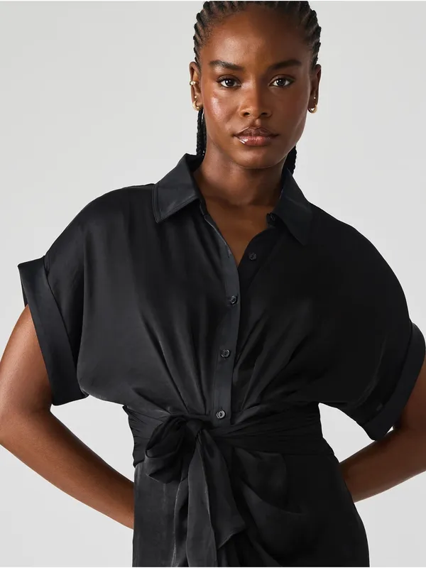 NWT Steve Madden Tori Black Satin Ruched Tie Waist Midi Dress Size 6 - Image 14