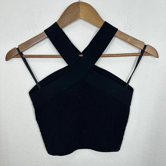 Babaton Black‎ Ribbed Sculpt Knit Crisscross Halter Crop Top Size S - Image 5