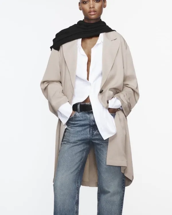 NWOT Zara Basic Soft Trench Flowy Coat in Beige Marl. Size medium - Image 4
