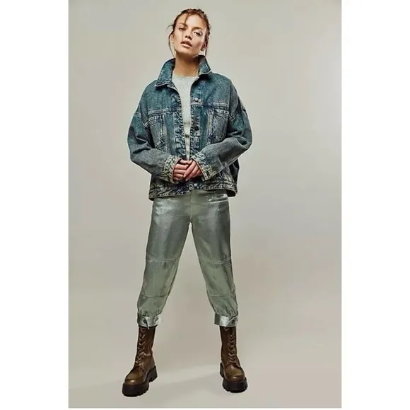 NEW Free People Ryder Pants L Metallic Silver Satin Moto Crop Vegan Shiny Green - Image 8