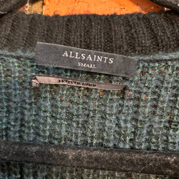 All Saints womens Lou Sparkle stripped V-neck metallic oversized sweater green S - Image 3