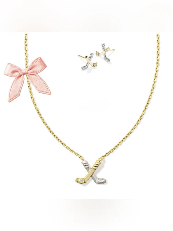 Kendra Scott Hockey Stick Pendant Necklace and Earrings Gold/Silver Matching Set - Image 3