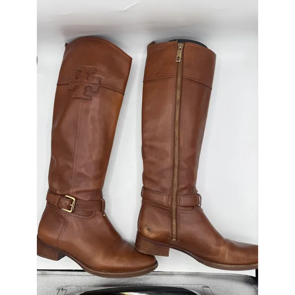 Tory Burch Riding‎ Boots Women's 6.5 Cognac Leather Tall Equestrian Logo Boots - Image 2