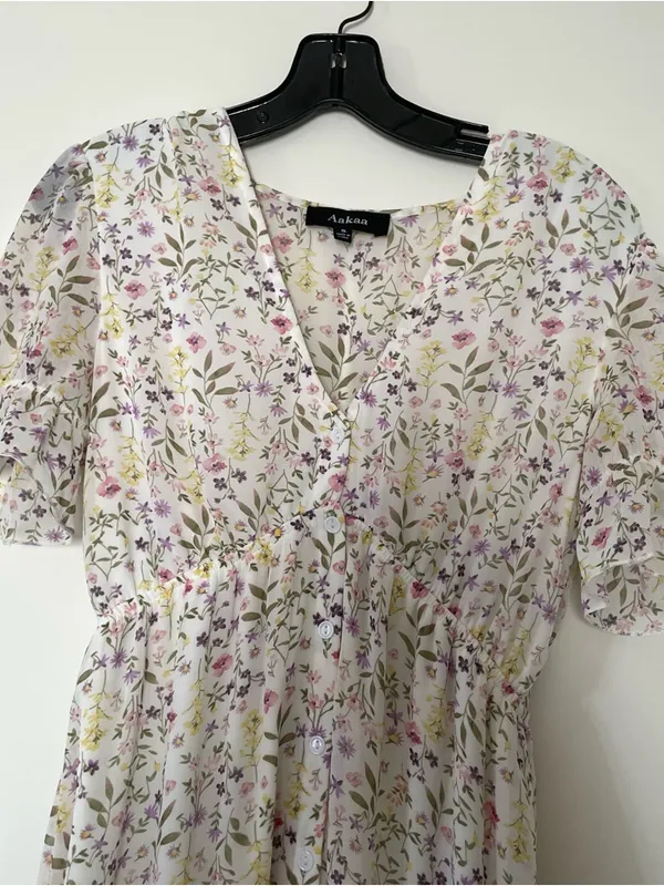 Floral Maxi Dress Womens Small White Cottagecore Romantic Flowy Chiffon Summer - Image 2