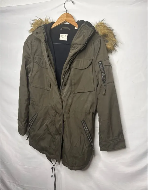 S13 New York parka olive green faux fur hood cargo jacket sz Small - Image 2
