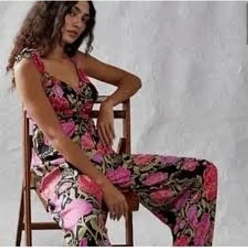 Free People Jumpsuit Womens Small Black Floral‎ Smocked Wide Leg Ruffle Strap - Image 2