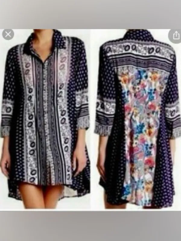 Anthropologie by Cyrena Boho Purple Printed Button-Front Mini Shirt Dress Size L - Image 3