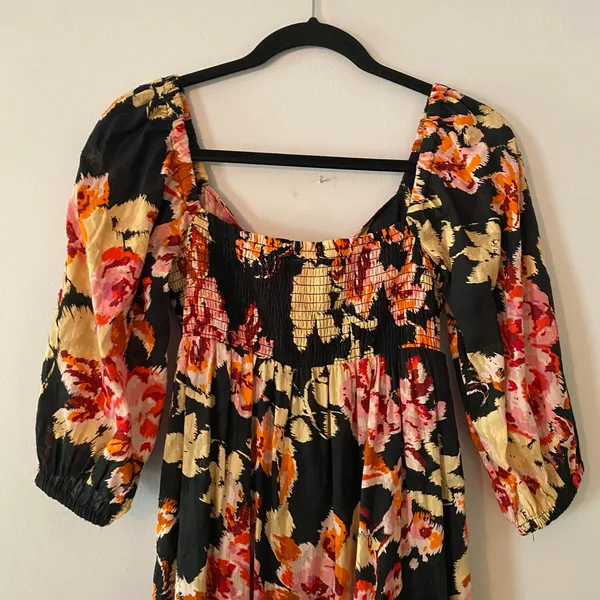 Anthropologie Black Pink Floral Blossom Maxi Dress Puff Sleeve Women's size XS - Image 7