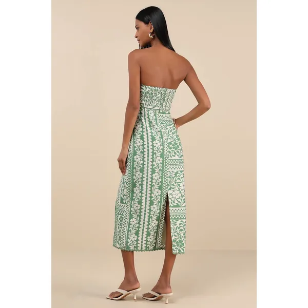 NWT Lulus Brigita Green Floral Strapless Column Midi Dress Resort Cruise Size XS - Image 3