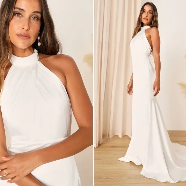LULU's Bridal Elegant Satin Backless Classy High Neck Mermaid Trumpet Maxi Gown - Image 3