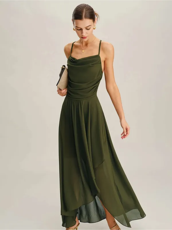 Rihoas Elegant Olive Green Cowl Neck Maxi Dress - Image 5