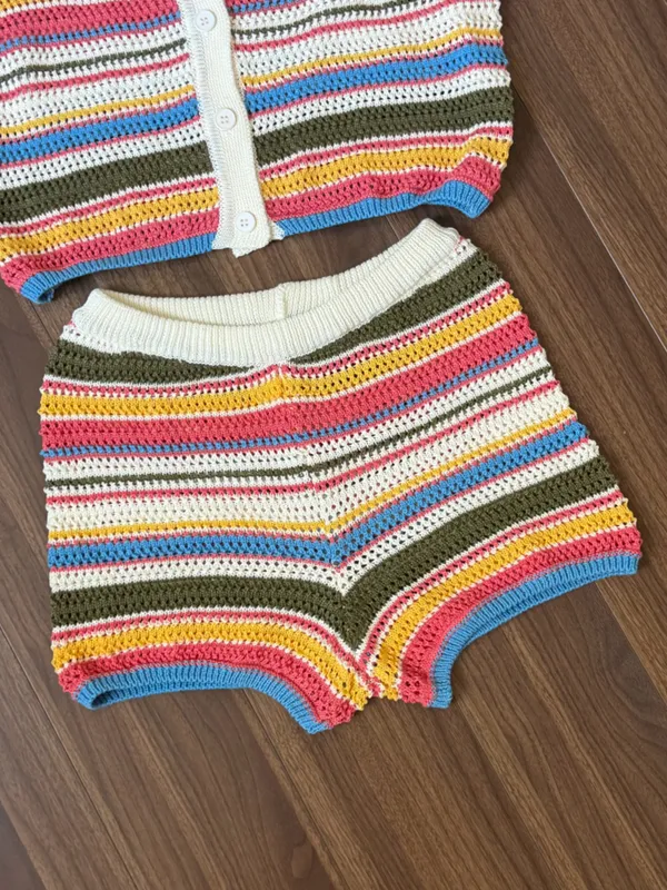 Crochet Two-Piece Striped Tank & Cardigan Set - Multicolor - Image 3