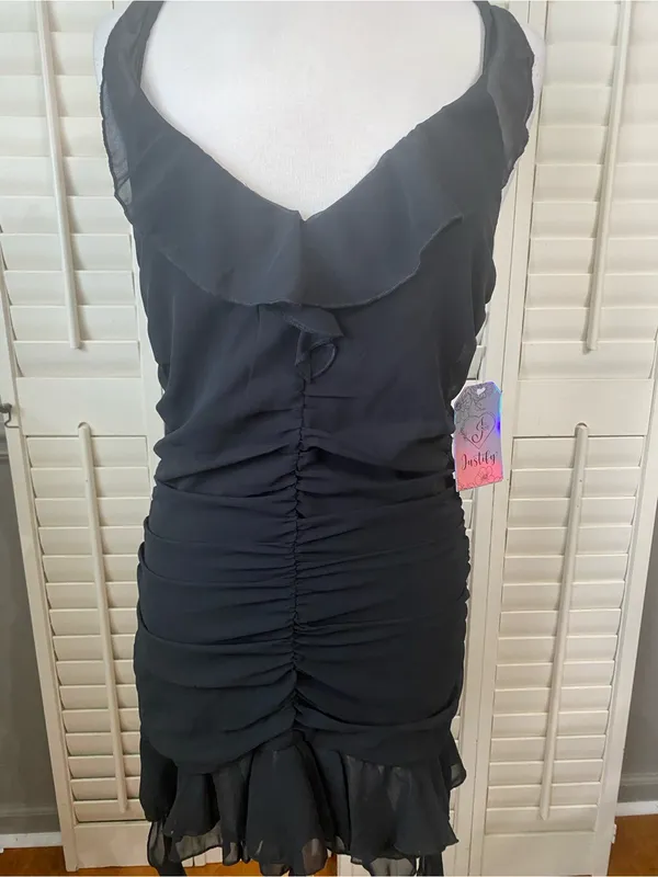 Justify Black Ruffled V-Neck Mini Dress with Sheer Ties - Image 8