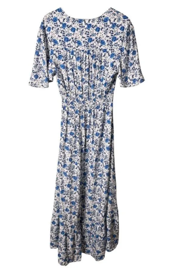 Abel The Label Hi-Lo Ruffle Hem Short Sleeve Floral Maxi Dress Blue White Medium - Image 2