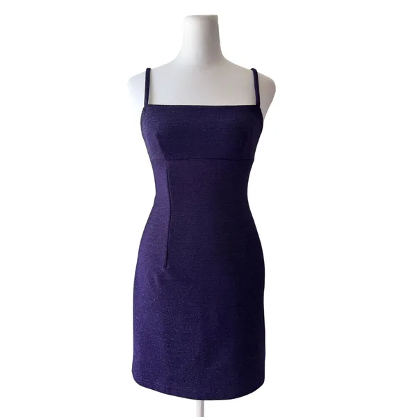 Vintage ‘90s XOXO Purple Metallic Sparkle Sleeveless Stretchy Bodycon Mini Dress - Image 2