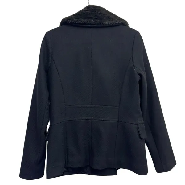Gap‎ Wool Blend Black Peacoat Faux Fur Collar Small Quilted Lined Coat - Image 3