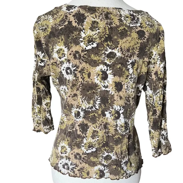 Axcess Liz Claiborne Womens L Floral Sunflower Lace Trim 3/4 Sleeve Top‎ Brown - Image 3
