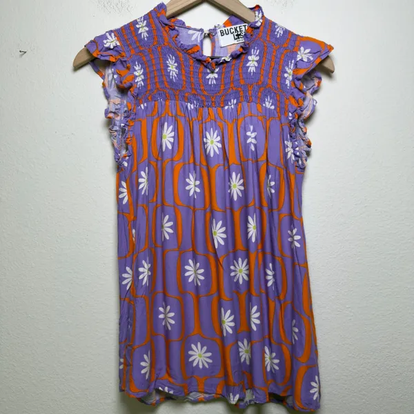 Bucket List Women Top Small‎ Purple Orange Retro Floral Smocked 70s Groovy Mod - Image 3