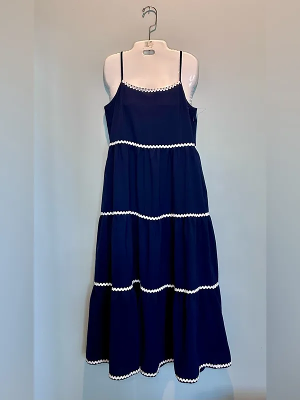 BTFBM Tiered Midi Dress Navy/ White Rick Rack Trim adjustable straps size Small - Image 2
