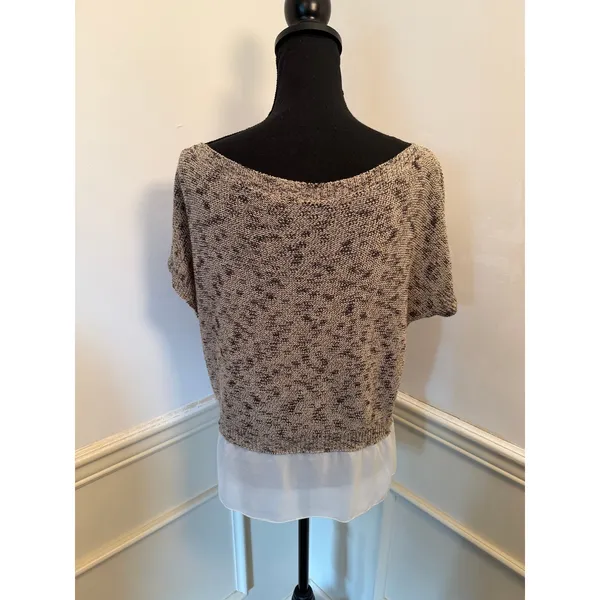 MOTH by Anthropologie Mixed Media Marled Knit Layered Chiffon Hem Top Neutral - Image 5