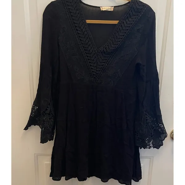 Altar'd State Black Lace Boho Mini Dress Bell Sleeve Embroidered XS Witchy Fairy - Image 2