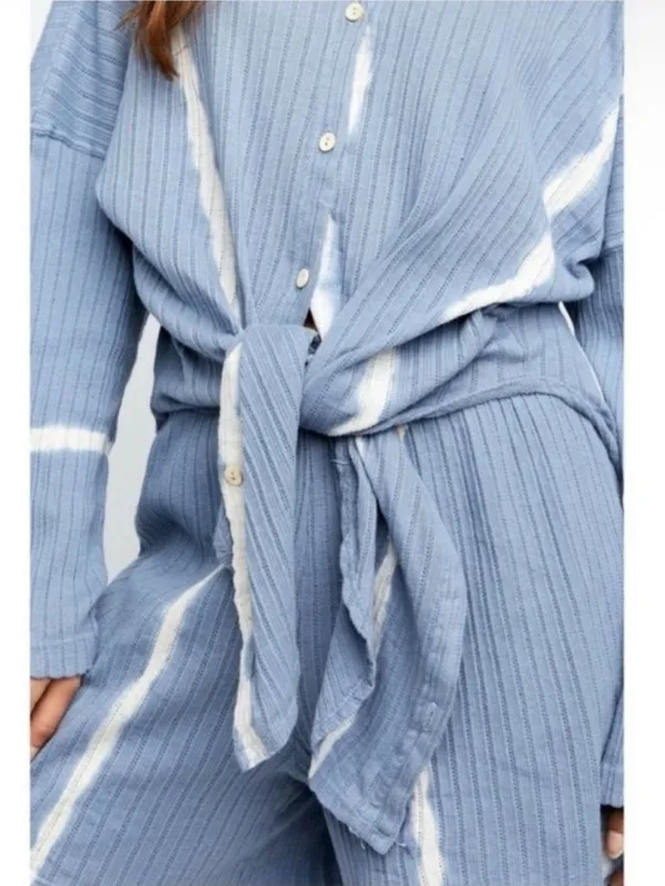 Free People Sleep Set Size XS Blue‎ Combo Rib Long Sleeve Shorts Outfit Coquette - Image 2