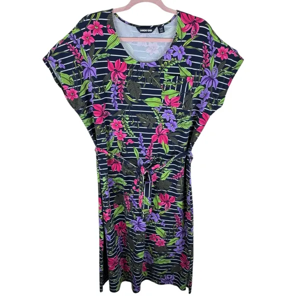 Lands' End‎ Navy Floral Striped Dolman Sleeve Belted Cotton Midi Dress Size L - Image 2