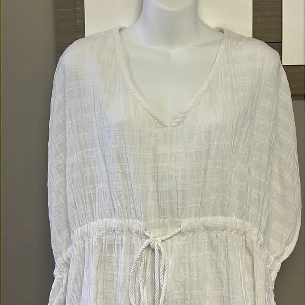 aerie White Striped Oversized Drawstring Beach/Pool V-Neck Coverup w/ Slits-XS-S - Image 4